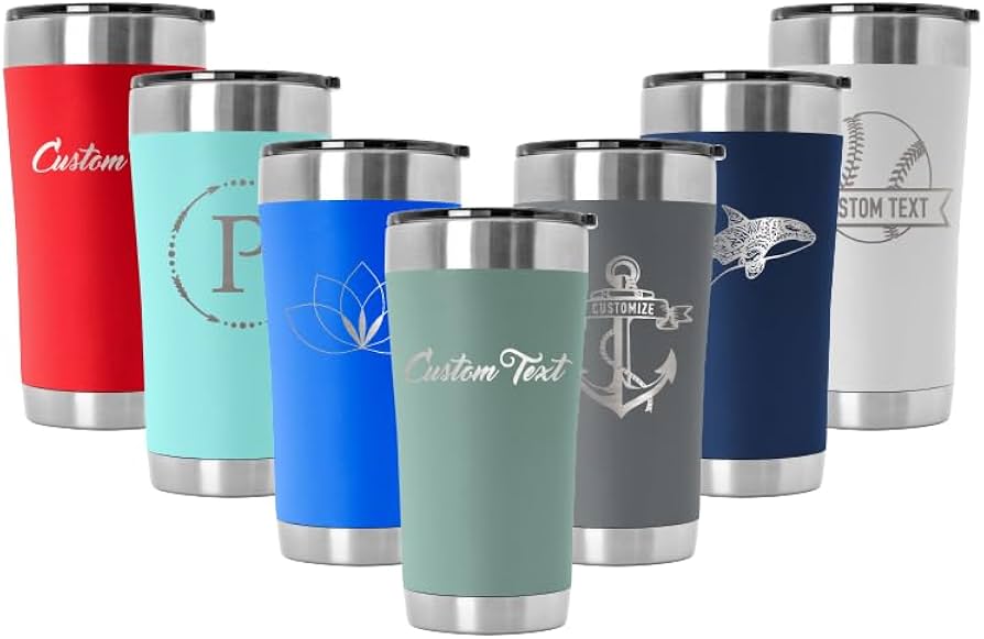 Laser engraved 20 oz Tempercraft Tumblers with custom text and designs