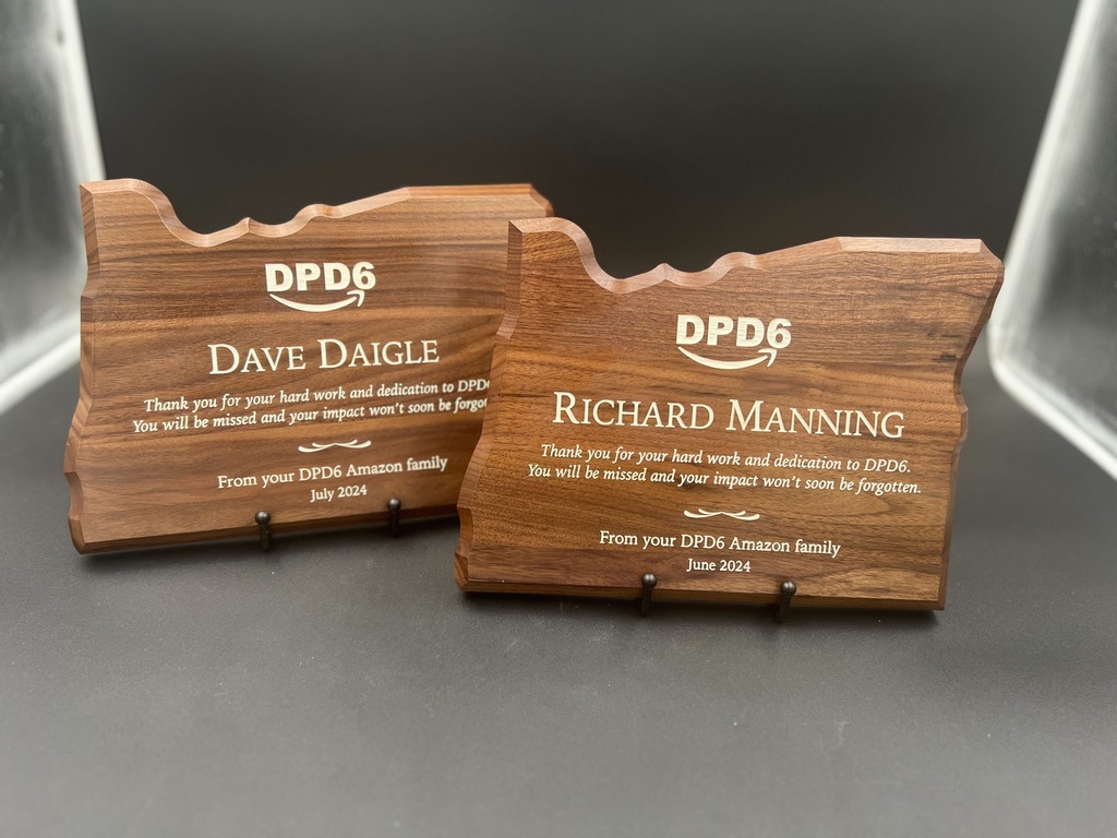 Laser engraved walnut State of Oregon plaque with gold color fill