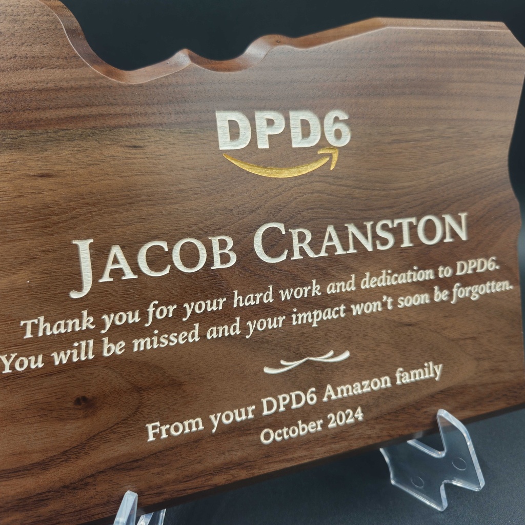Laser engraved walnut State of Oregon plaque with gold color fill
