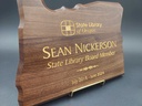 Walnut State of Oregon plaque for a board member, engraved with color fill