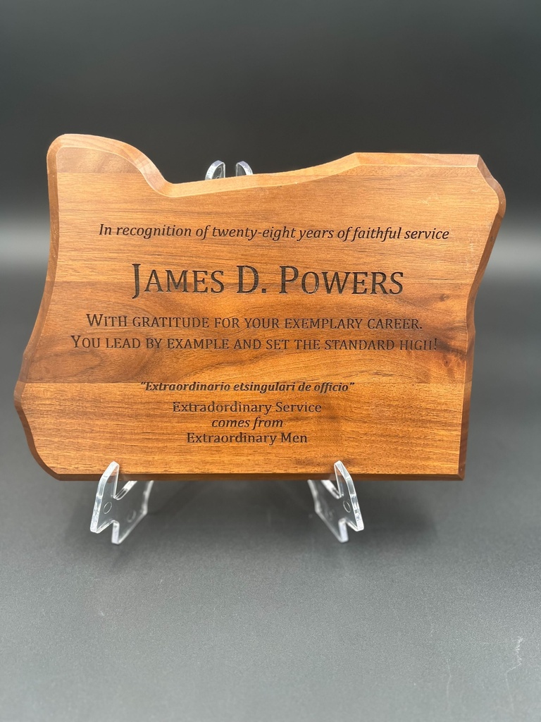 Small walnut State of Oregon plaque, laser engraved