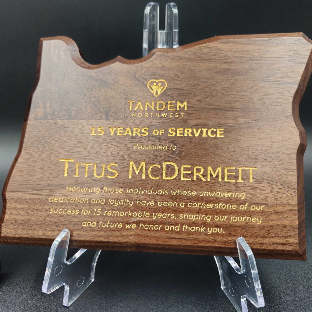 Laser engraved walnut State of Oregon plaque with gold color fill