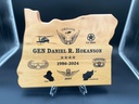 Engraved myrtlewood State of Oregon plaque with military insignia