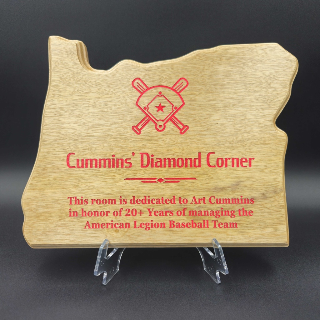 Myrtlewood Oregon plaque with red color fill engraving
