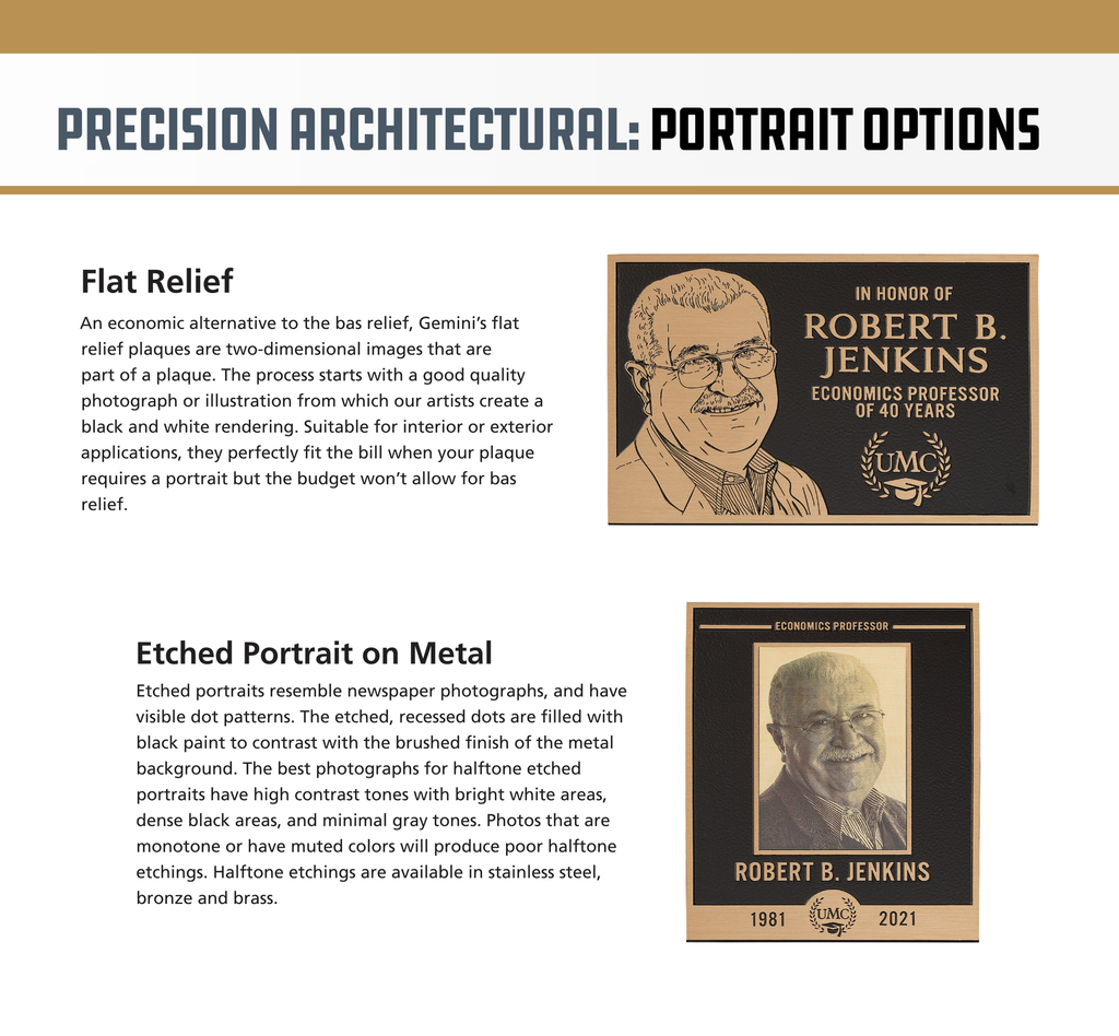 Precision architectural plaque portrait options, relief and etched