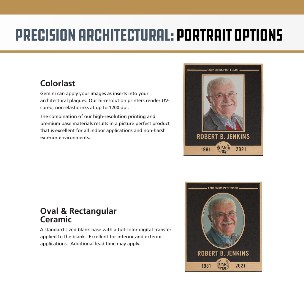Precision architectural plaque portrait options, color and ceramic