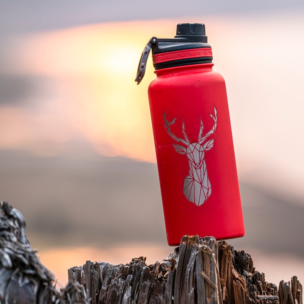 Laser engraved red 32 oz Tempercraft Sport Bottle with deer design