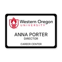 Full color 2" x 3" university name badge with black border, Capital Trophy customer design