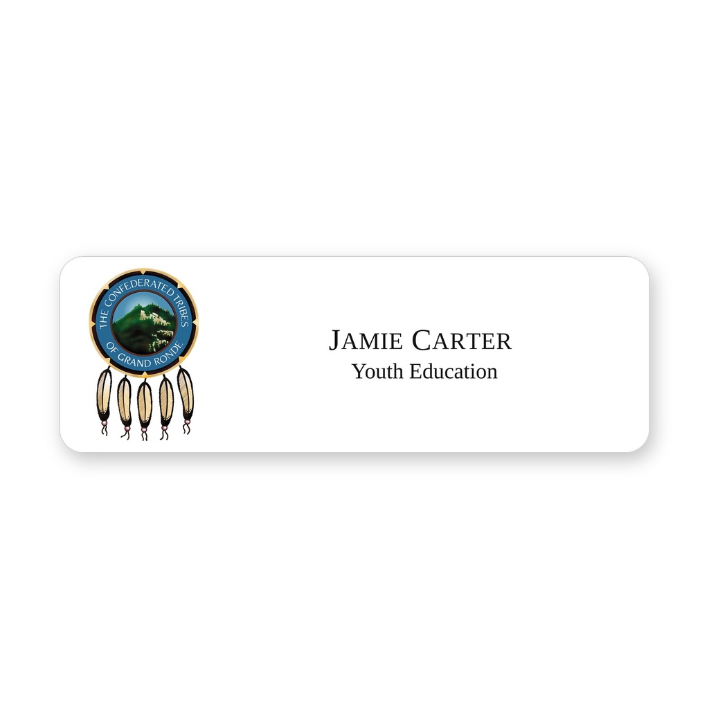 Full color 1" x 3" name badge with tribal logo, Capital Trophy customer design