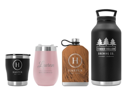 Engraved Tempercraft rocks tumbler, wine tumbler, flask and growler